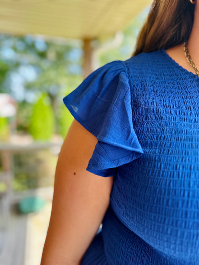 CURVY ROYAL BLUE SMOCKED TIERED MIDI DRESS