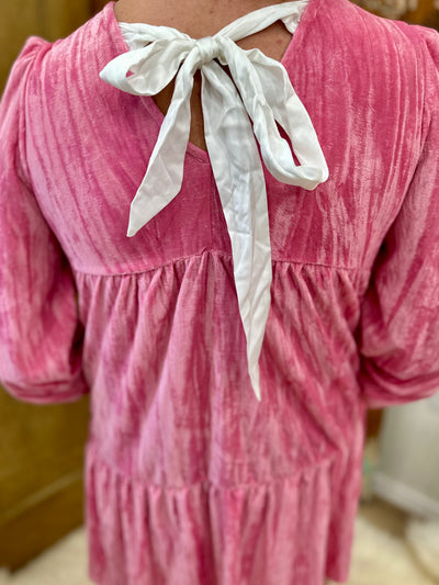 Pink Velvet Ruffle Flounce Sleeve Mini Dress w/ Pockets and Back Bow Tie