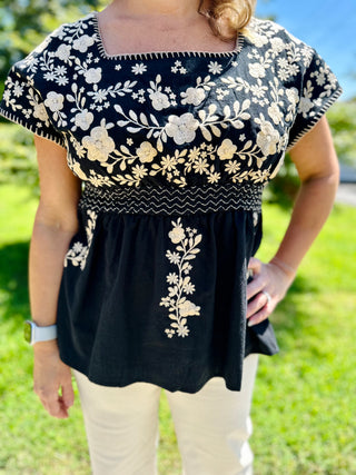 Black Babydoll Top w/ Floral Embroidery Final Sale