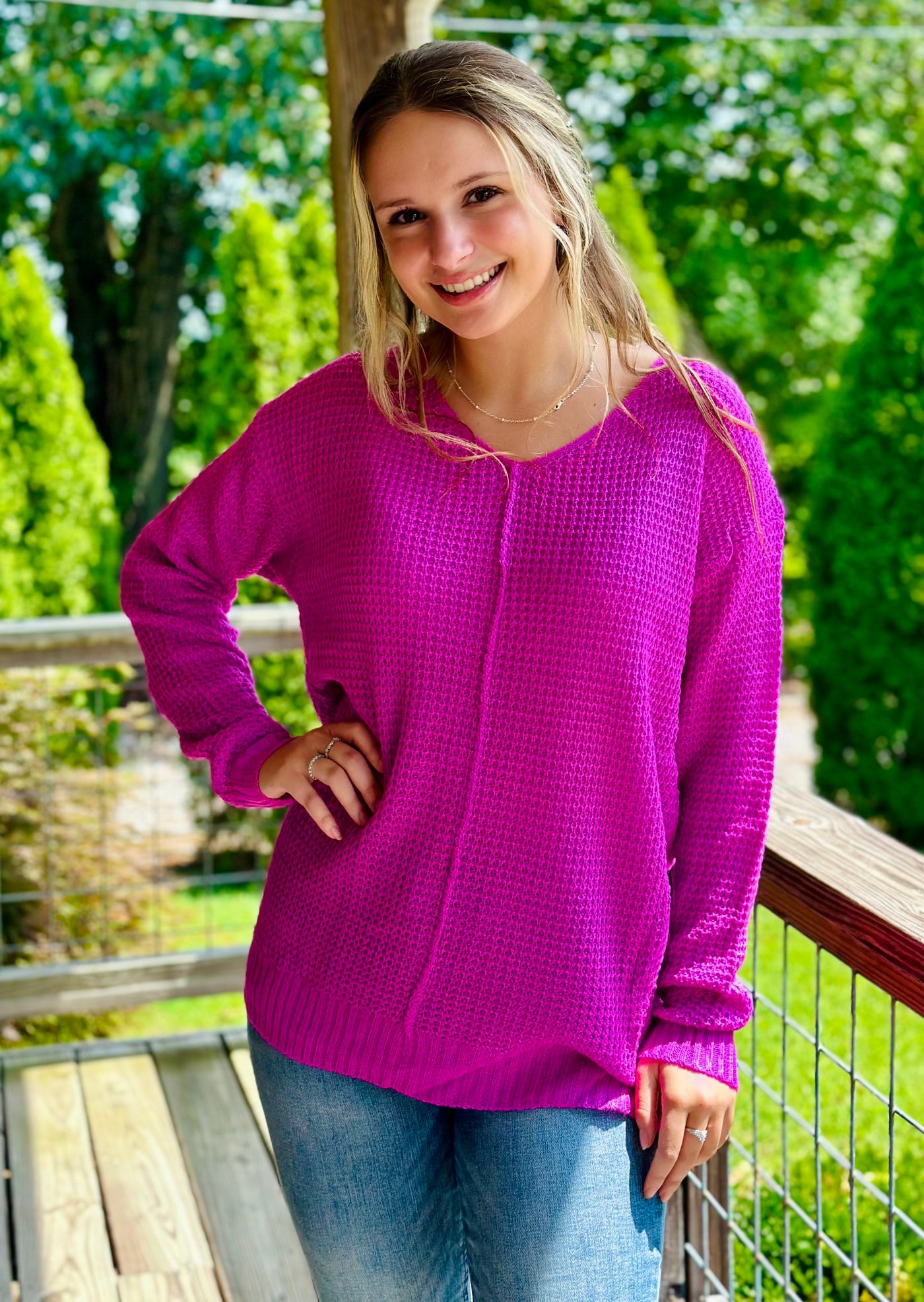 Orchid V Neck Long Sleeve Waffle Sweater