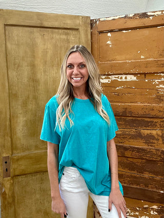 CURVY LIGHT TEAL WASHED SHORT SLEEVE TOP Final Sale