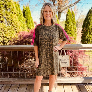 Brown Leopard T Shirt Dress w/ Pink Stripes and Pockets