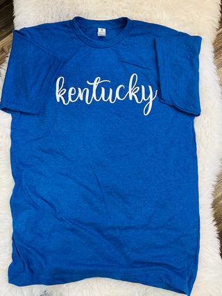 White KY Script on Heather Royal Tee