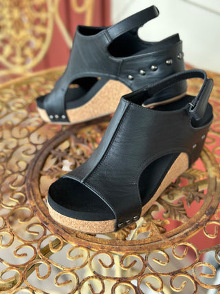 Carley Platform Wedge in Black Smooth by Corkys