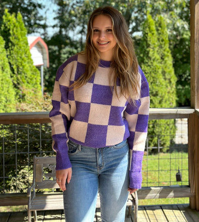 PURPLE/PINK WEEKEND CHILLS CHECKERED LONG SLEEVE SWEATER FINAL SALE