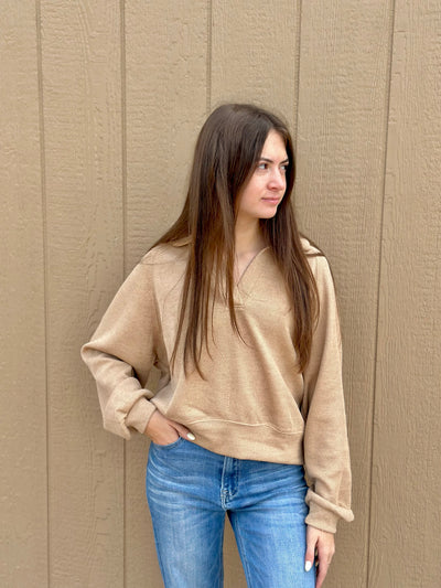 TAUPE SIMPLY THE BEST HALF PLACKET KNIT TOP Final Sale