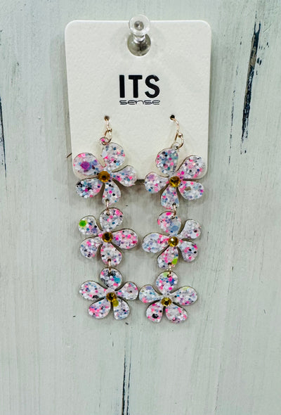 Multi Glitter Flower 3 Drop Earring