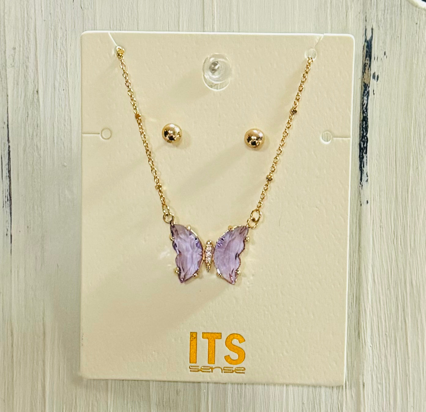 Glass Crystal Lavender Stone Butterfly Necklace w/Earrings