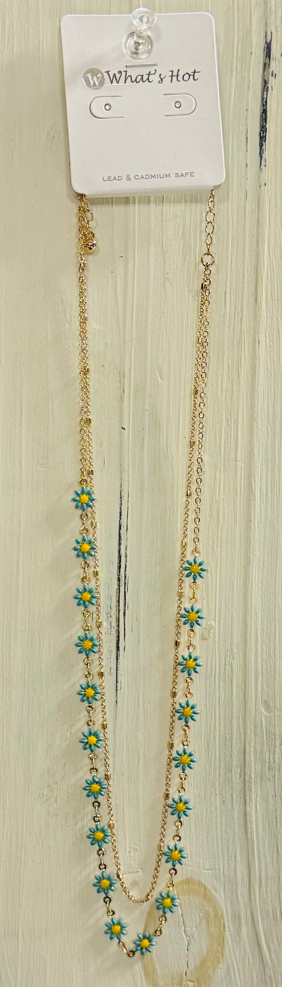 Gold Chain with Teal Flower Chain Layered Necklace