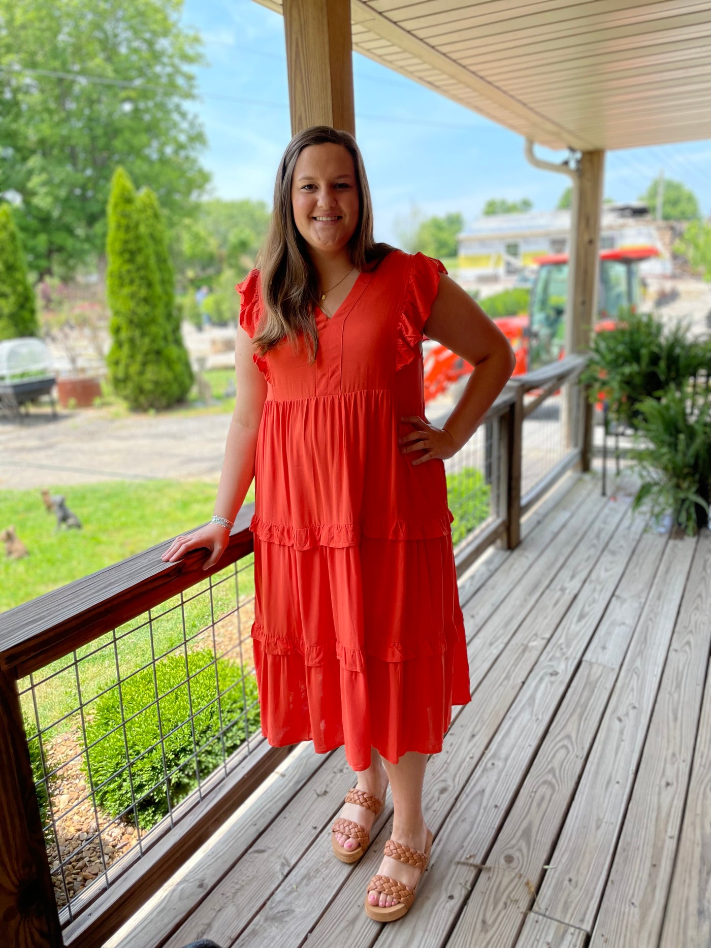 Curvy Orange V-neck Ruffle Sleeve Tiered Midi Dress w/ Pockets