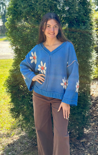 Cobalt Blue V-Neck Long Sleeve Flower Print Sweater Final Sale