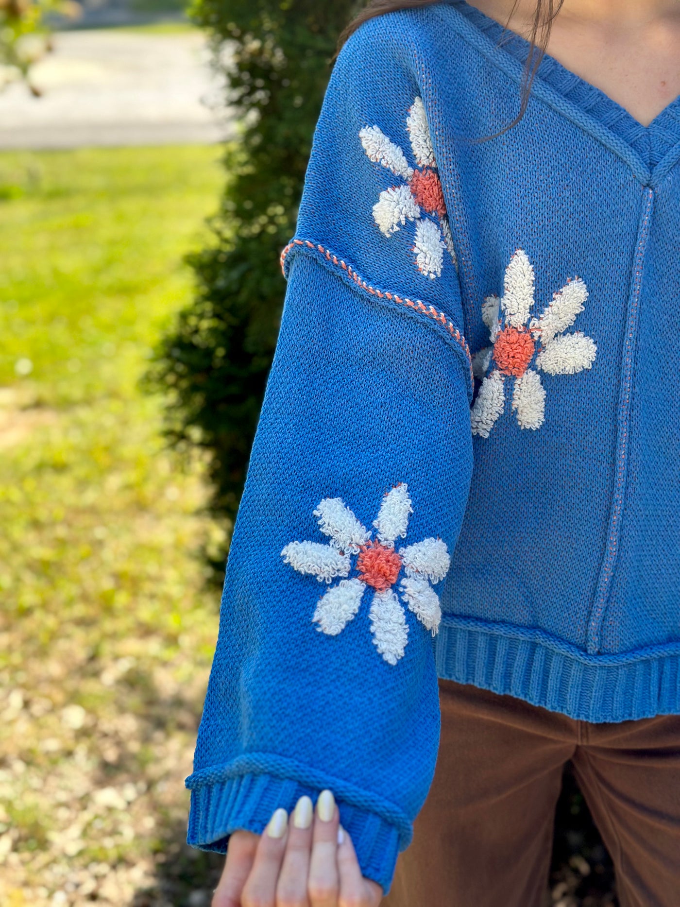 Cobalt Blue V-Neck Long Sleeve Flower Print Sweater Final Sale