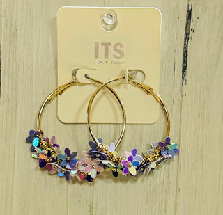 Gold Hoop w/Sequin Flower Drop Earring