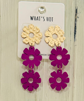 Gold Studded Wood Flower Triple Drop Earring (3 Colors)