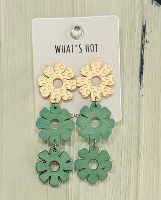 Gold Studded Wood Flower Triple Drop Earring (3 Colors)