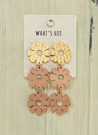 Gold Studded Wood Flower Triple Drop Earring (3 Colors)