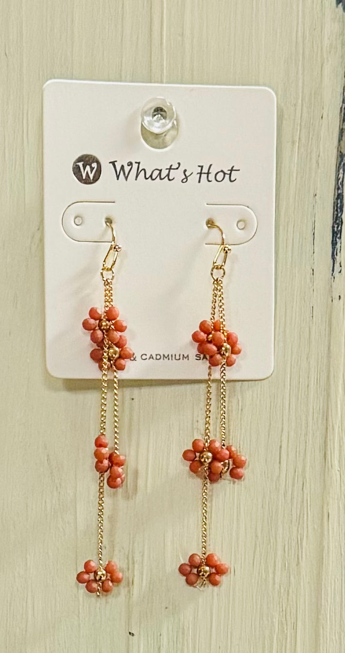 Coral Crystal Flower and Gold Chain Drop Earring
