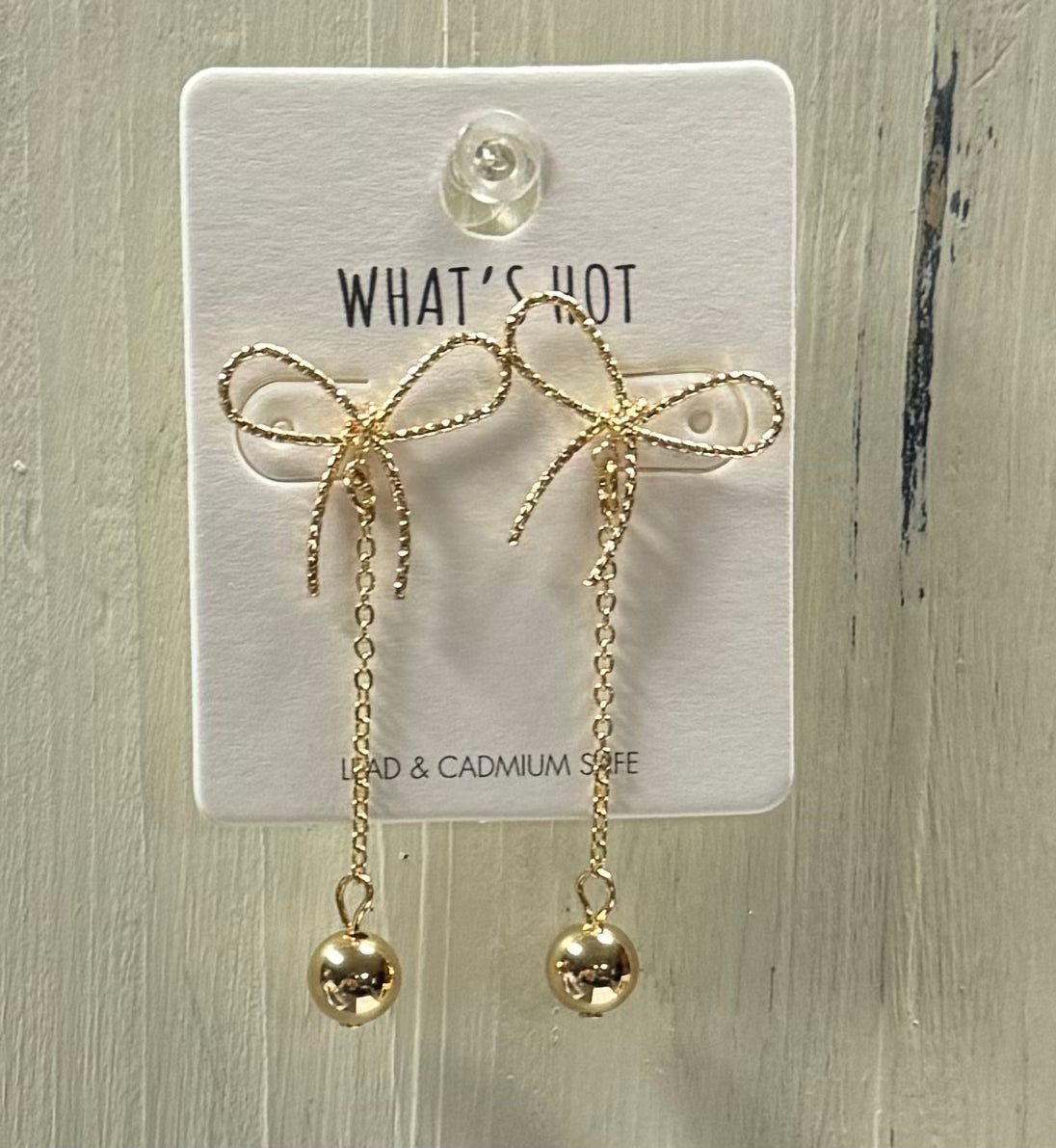 Gold Ribbon Bow Post Earring w/Gold Ball