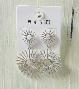 Matte Silver Sunburst Earrings w/Rhinestone Center