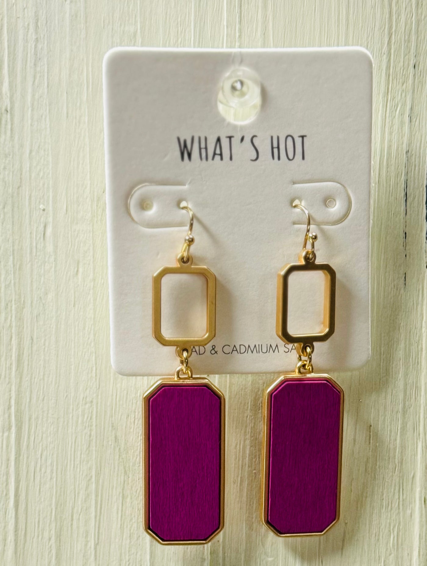 Hot Pink Wood Rectangle and Gold Earring