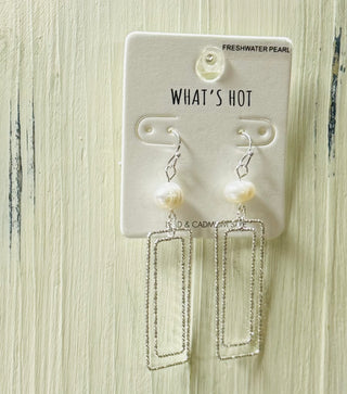 Silver Freshwater Pearl Earrings w/Open Rectangle