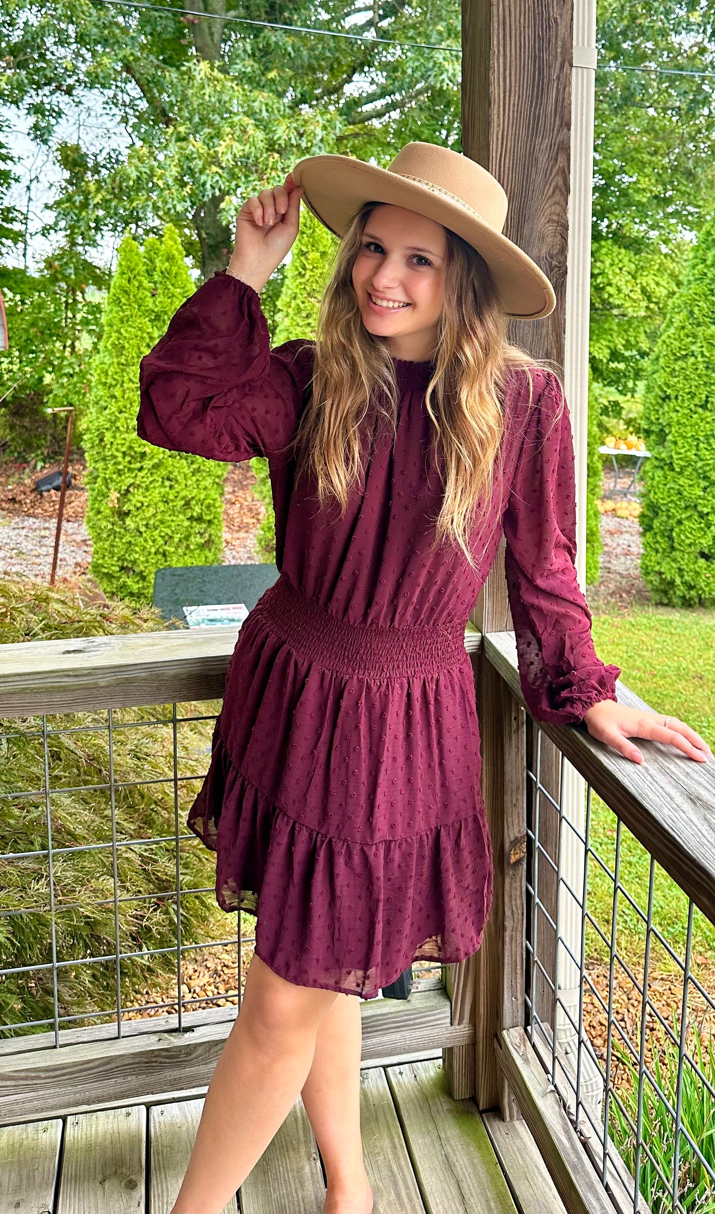 Burgundy Smock Neck Mini Dress