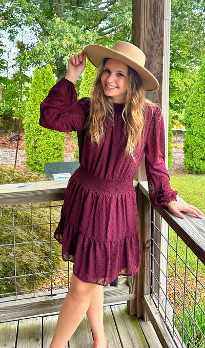 Burgundy Smock Neck Mini Dress