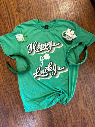 "Happy Go Lucky" Tee on Heather Kelly. Final Sale