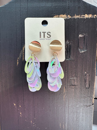 White Oval Sequin Drop Earrings