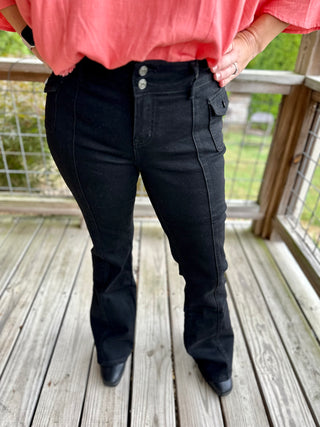 BLACK LOW-RISE CARGO FLARE JEAN WITH SIDE POCKETS BY YMI