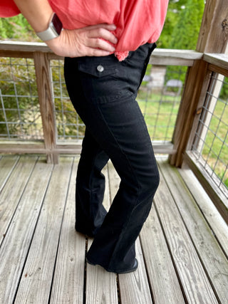 BLACK LOW-RISE CARGO FLARE JEAN WITH SIDE POCKETS BY YMI