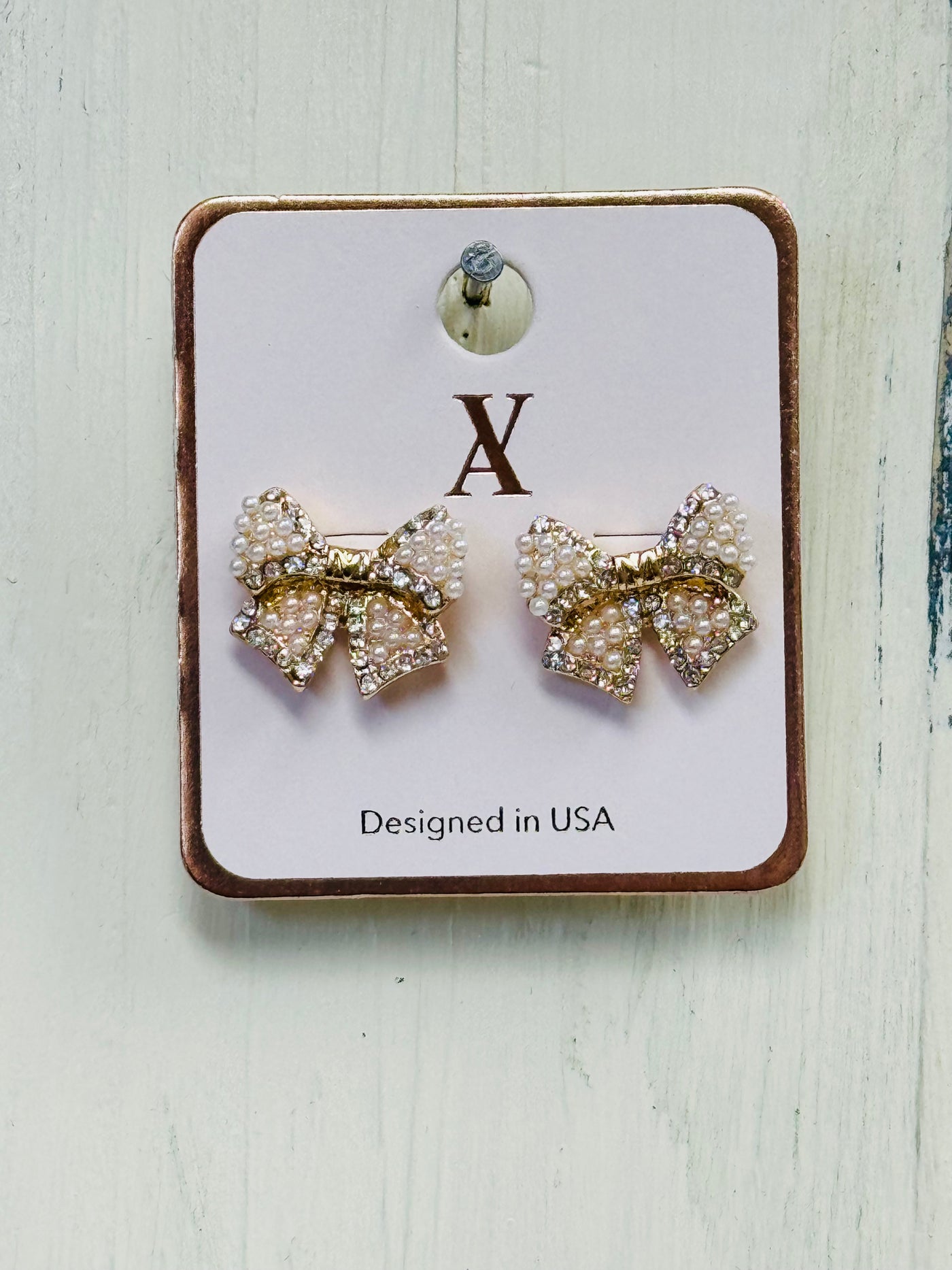 Gold Bow Earrings w/White Pearls