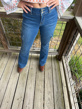 MEDIUM WASH LOW RISE CARGO FLARE JEANS by YMI