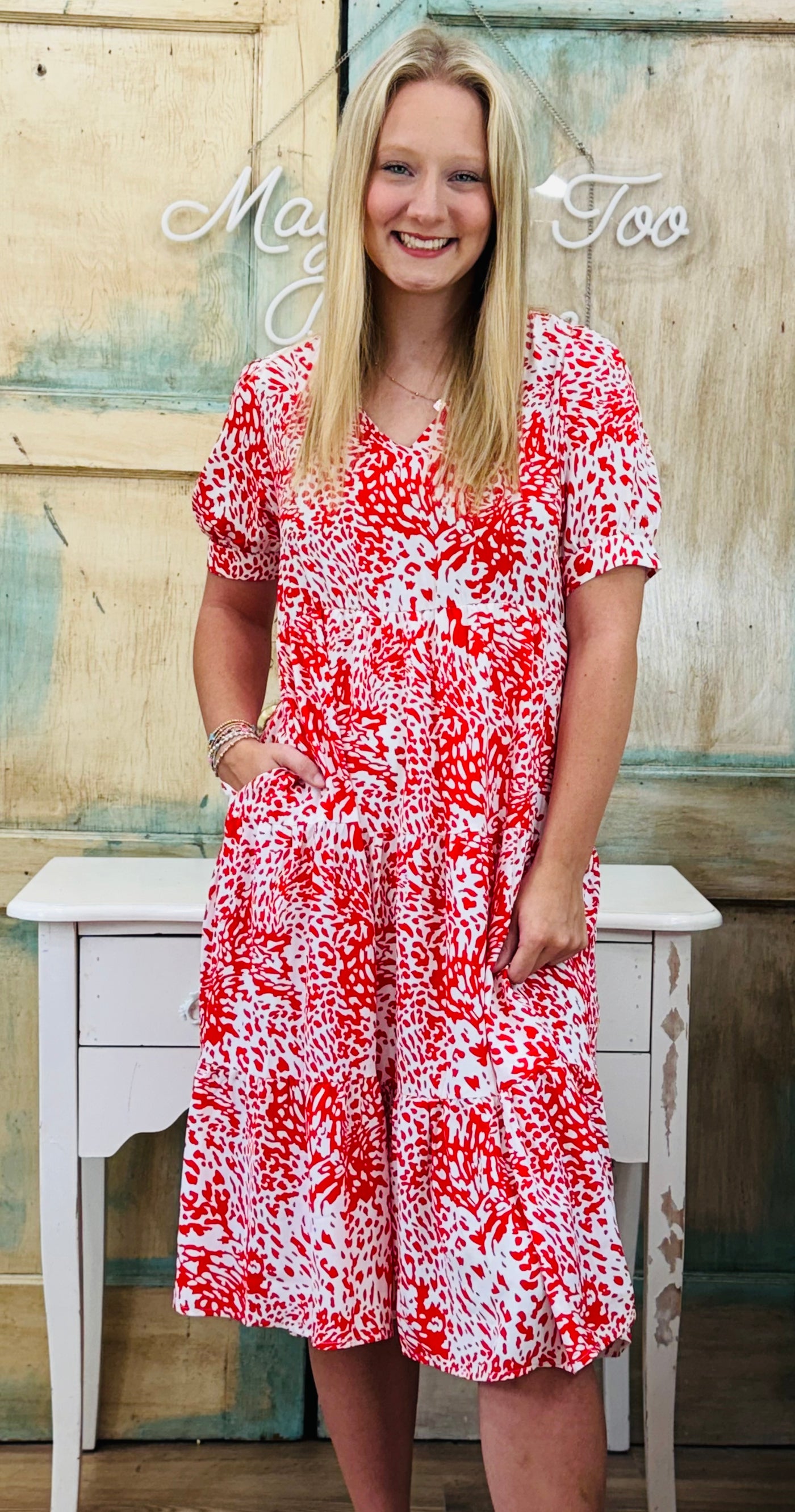 Red Animal Print V-Neck Dress