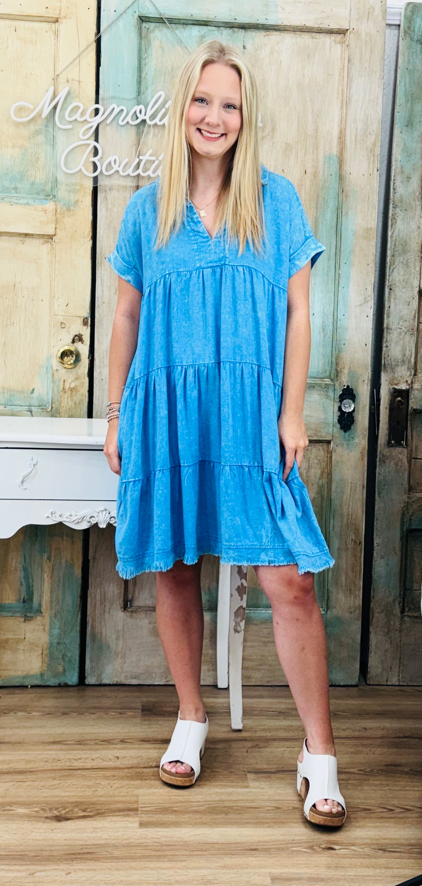 Deep Sky Blue Washed Linen Raw Edge V-Neck Dress