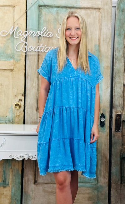 Deep Sky Blue Washed Linen Raw Edge V-Neck Dress