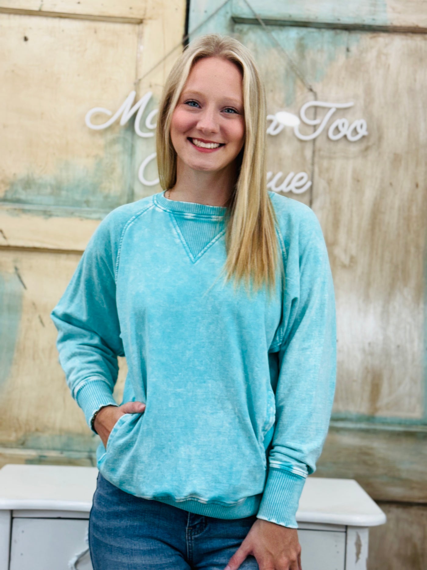 Turquoise French Terry Acid Wash Pullover