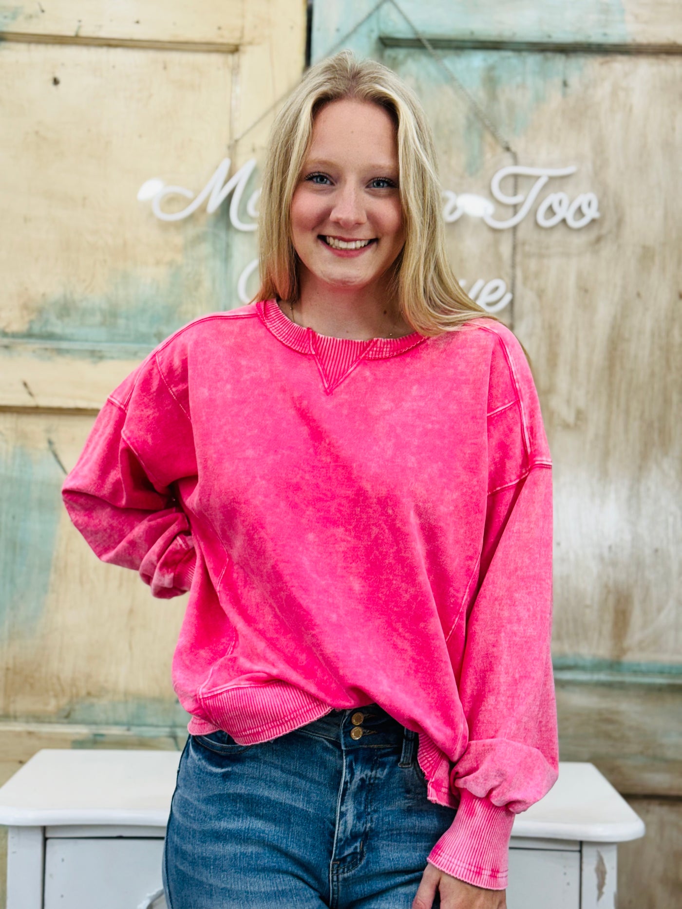 Fuchsia French Terry Acid Wash Pullover