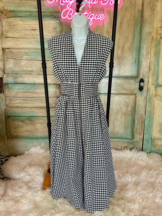 Black Plaid V-Neck Sleeveless Midi Dress w/ Pockets and Front Zipper Closure Final Sale