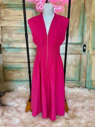 Magenta Solid V-Neck Sleeveless Midi Dress w/ Pockets and Front Zipper Closure Final Sale