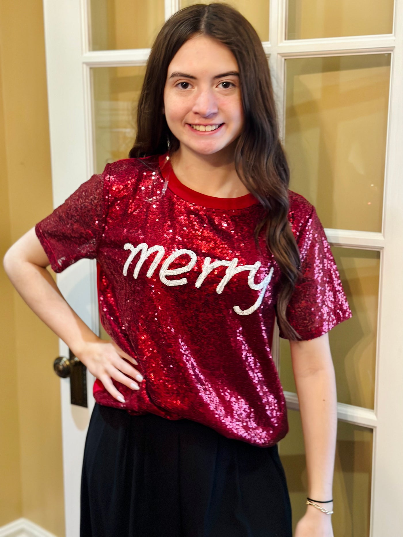 Burgundy Sequined "Merry" Short Sleeve Top