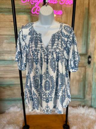 Blue Smocked Short Sleeve Top