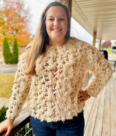 Curvy Champagne Fuzzy Feather Sequin Holiday Knit Sweater Top Final Sale