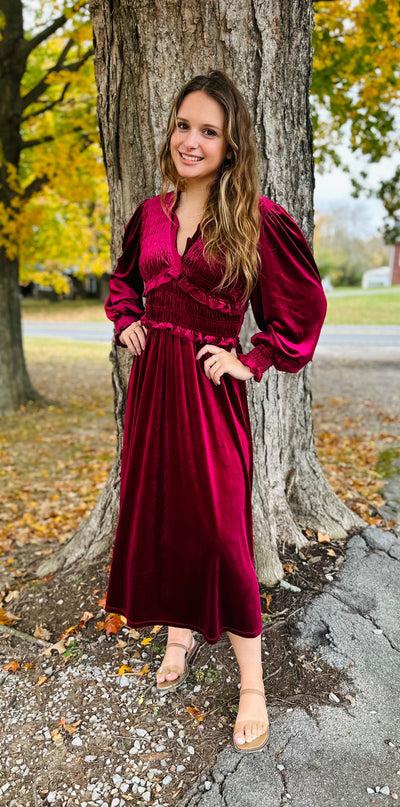 BURGUNDY VELVET SMOCKED RUFFLE TRIM MIDI DRESS FINAL SALE