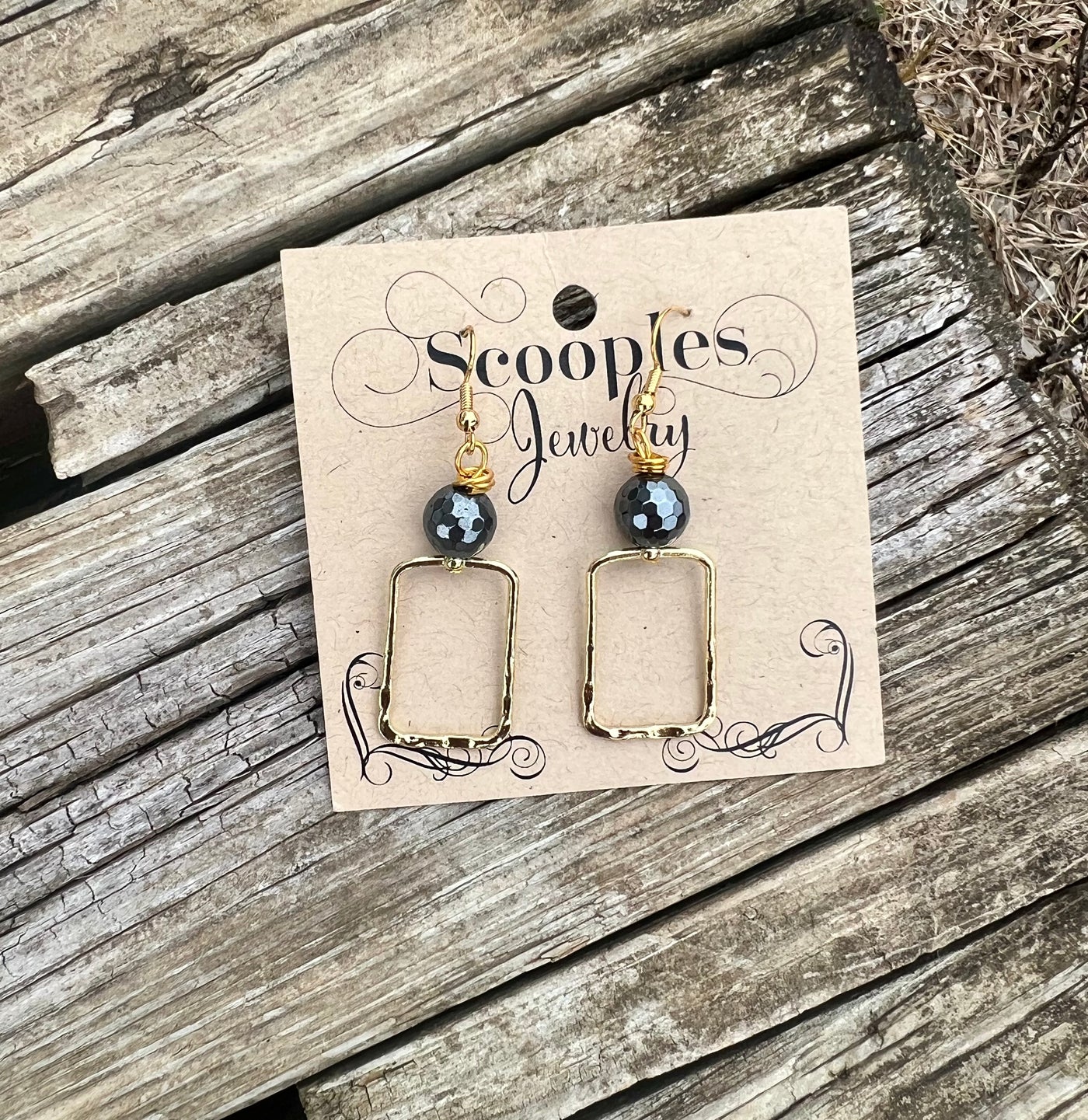 SCOOPLES MIDNIGHT GOLD RECTANGLE EARRINGS