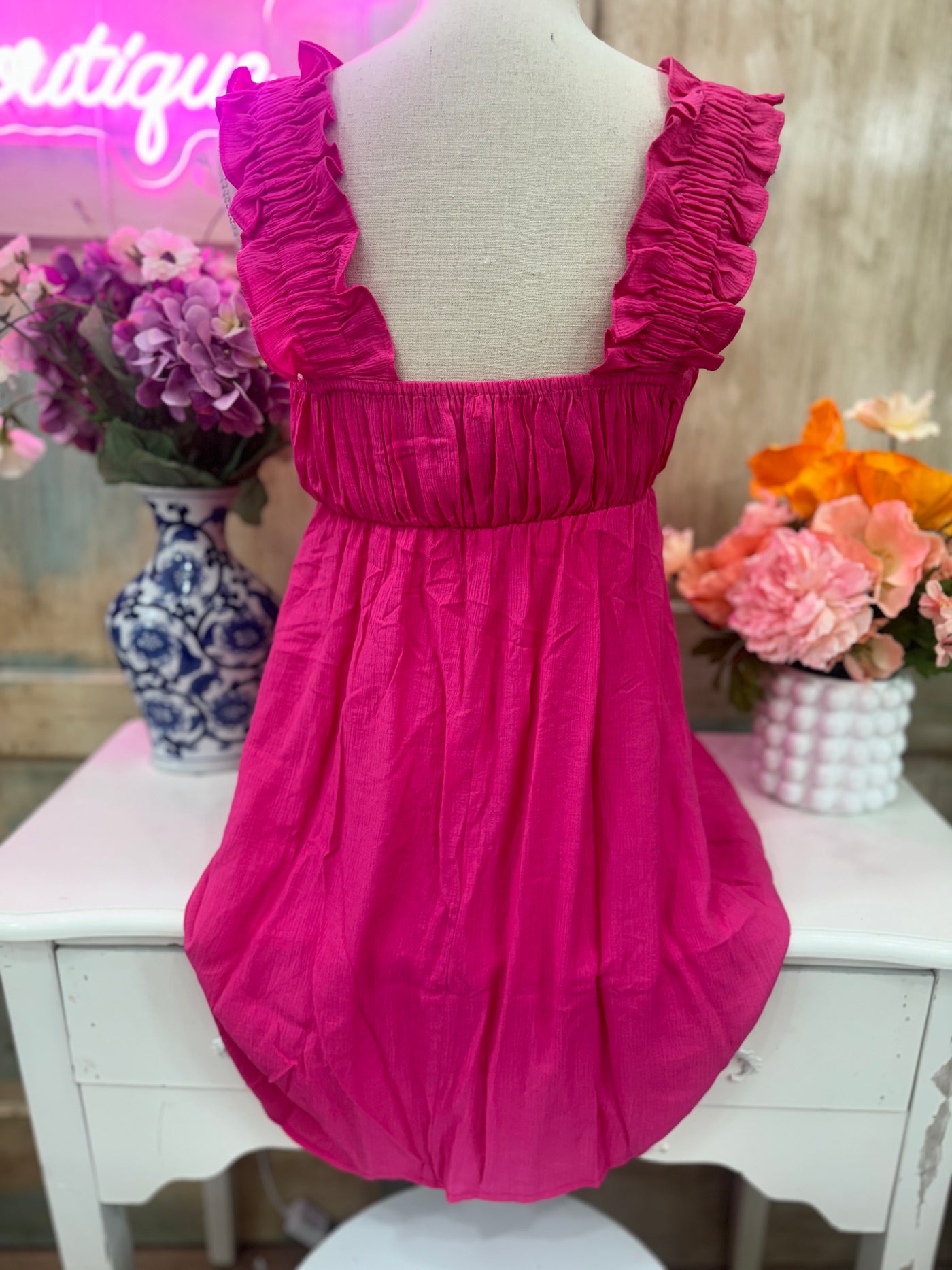 Fuchsia Ruched Mini Dress