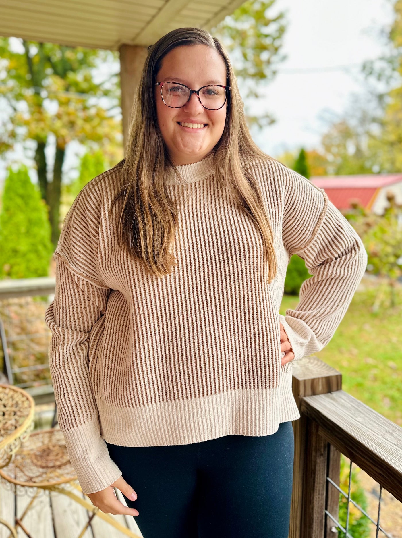 Curvy Cream Two-Tone Casual Sweater Top