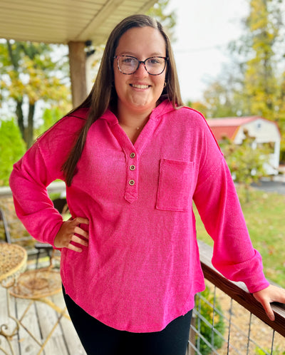 Curvy Pink Button Down Hooded Knit Henley Top Final Sale