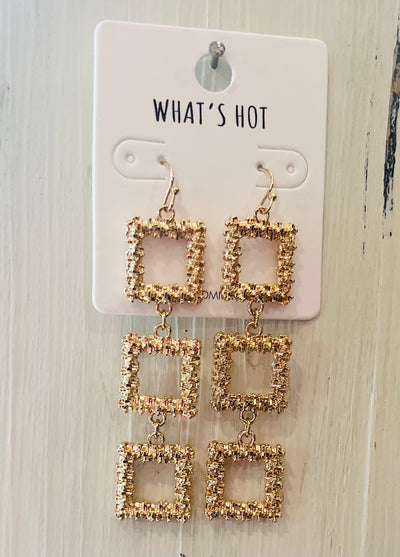 Gold or Silver Open Three Drop Open Textured Square Earrings