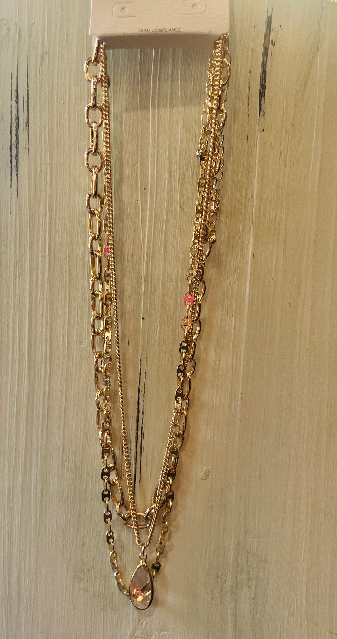 Gold Layered Chain w/Teardrop Crystal Necklace